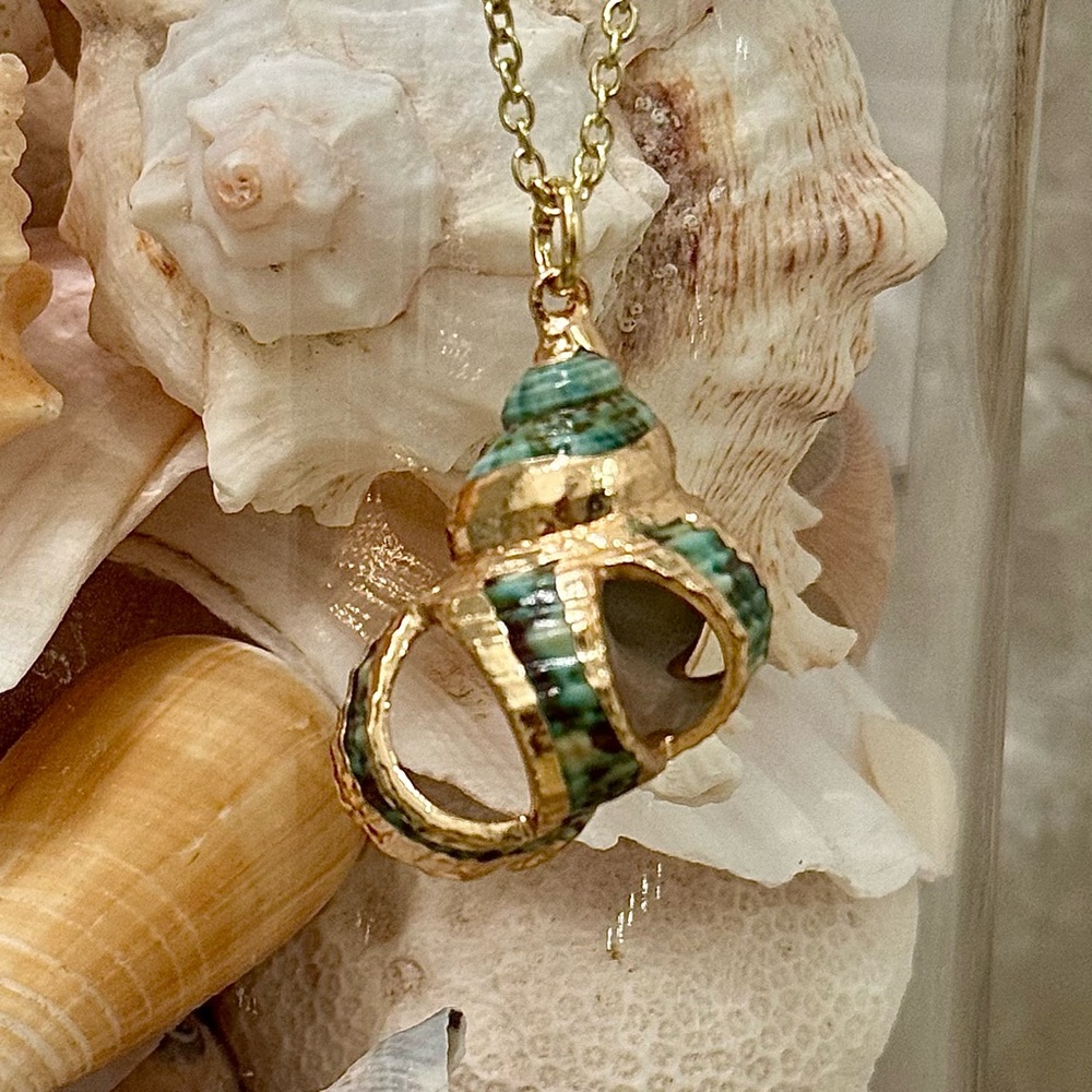 Hand Crafted Green and Gold Seashell Charm Necklace